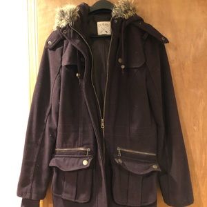 Wool eggplant jacket with faux fur hood mid thigh length